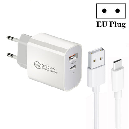 PD30W USB-C / Type-C + QC3.0 USB Dual Port Charger with 1m USB to Type-C Data Cable, EU Plug by buy2fix