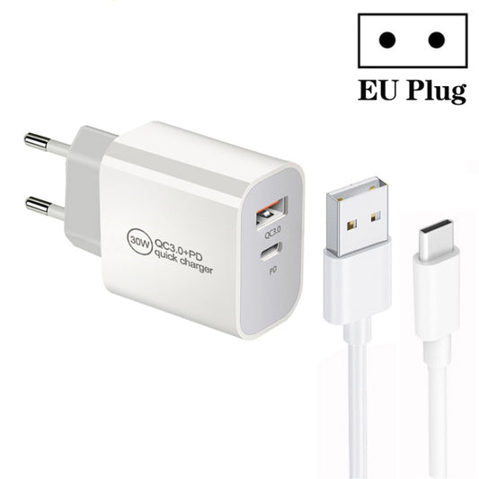 PD30W USB-C / Type-C + QC3.0 USB Dual Port Charger with 1m USB to Type-C Data Cable, EU Plug by buy2fix