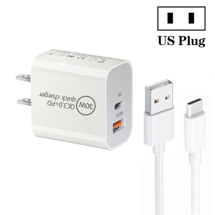 PD30W USB-C / Type-C + QC3.0 USB Dual Port Charger with 1m USB to Type-C Data Cable, US Plug by buy2fix