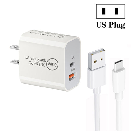 PD30W USB-C / Type-C + QC3.0 USB Dual Port Charger with 1m USB to Type-C Data Cable, US Plug by buy2fix