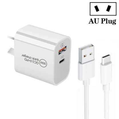 PD30W USB-C / Type-C + QC3.0 USB Dual Port Charger with 1m USB to Type-C Data Cable, AU Plug - USB Charger by buy2fix | Online Shopping UK | buy2fix