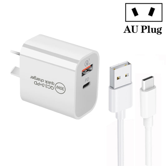 PD30W USB-C / Type-C + QC3.0 USB Dual Port Charger with 1m USB to Type-C Data Cable, AU Plug - USB Charger by buy2fix | Online Shopping UK | buy2fix