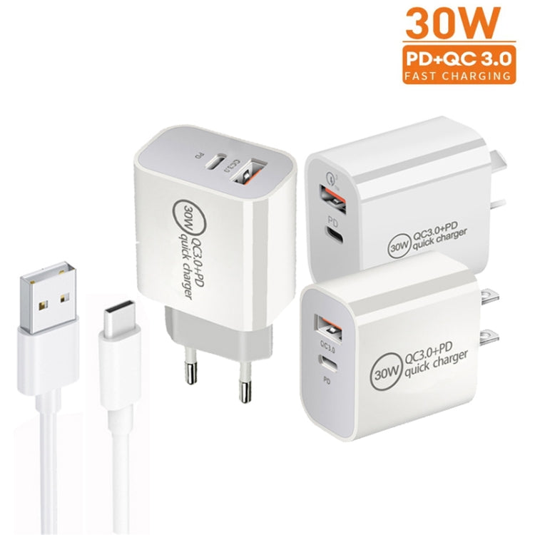PD30W USB-C / Type-C + QC3.0 USB Dual Port Charger with 1m USB to Type-C Data Cable, EU Plug by buy2fix