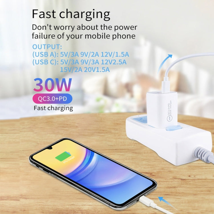 PD30W USB-C / Type-C + QC3.0 USB Dual Port Charger with 1m USB to Type-C Data Cable, EU Plug by buy2fix