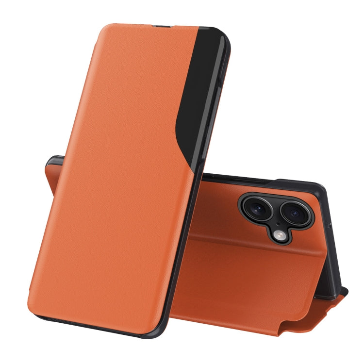 For iPhone 16 Plus Side Display Flip Leather Phone Case(Orange) by buy2fix