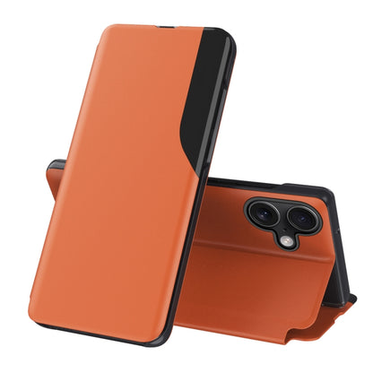 For iPhone 16 Plus Side Display Flip Leather Phone Case(Orange) by buy2fix