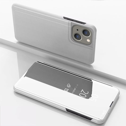 For iPhone 15 Plated Mirror Horizontal Flip Leather Phone Case with Holder(Silver) - iPhone 15 Cases by buy2fix | Online Shopping UK | buy2fix