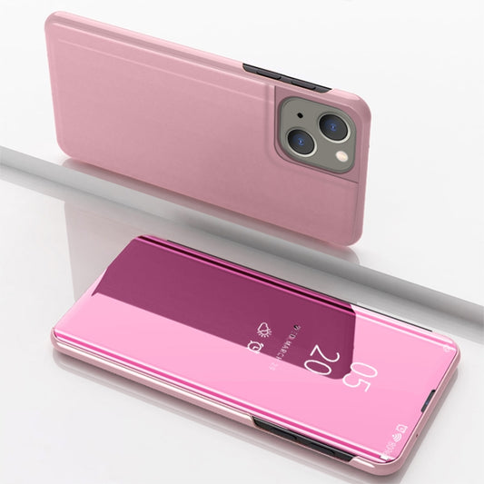 For iPhone 15 Plated Mirror Horizontal Flip Leather Phone Case with Holder(Rose Gold) - iPhone 15 Cases by buy2fix | Online Shopping UK | buy2fix