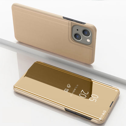 For iPhone 15 Plated Mirror Horizontal Flip Leather Phone Case with Holder(Gold) - iPhone 15 Cases by buy2fix | Online Shopping UK | buy2fix