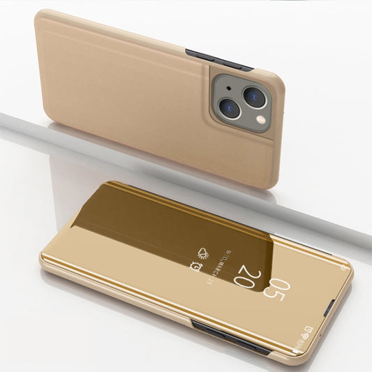 For iPhone 15 Plated Mirror Horizontal Flip Leather Phone Case with Holder(Gold) - iPhone 15 Cases by buy2fix | Online Shopping UK | buy2fix