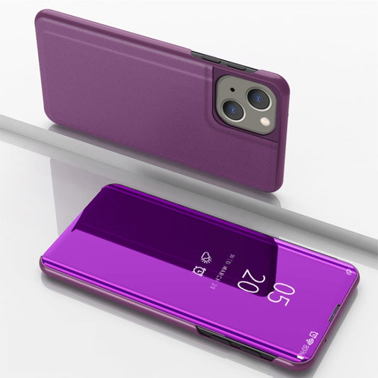 For iPhone 15 Plated Mirror Horizontal Flip Leather Phone Case with Holder(Purple) - iPhone 15 Cases by buy2fix | Online Shopping UK | buy2fix