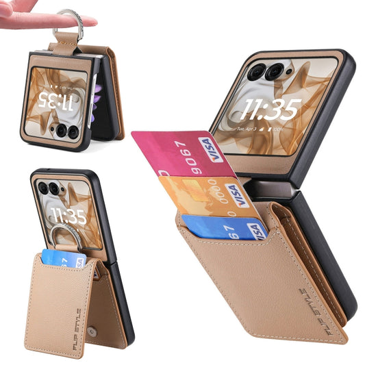 For Motorola Razr 50 Litchi Texture Leather Ring Wallet Phone Case(Khaki) by buy2fix