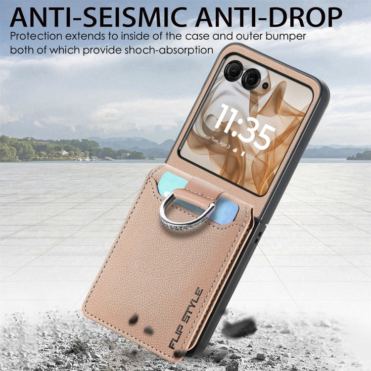 For Motorola Razr 50 Litchi Texture Leather Ring Wallet Phone Case(Khaki) by buy2fix