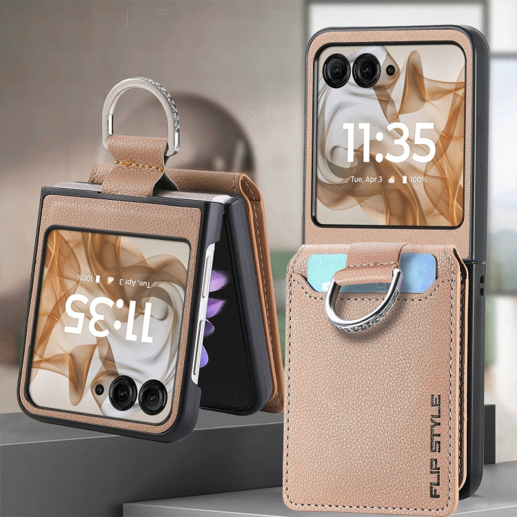 For Motorola Razr 50 Litchi Texture Leather Ring Wallet Phone Case(Khaki) by buy2fix