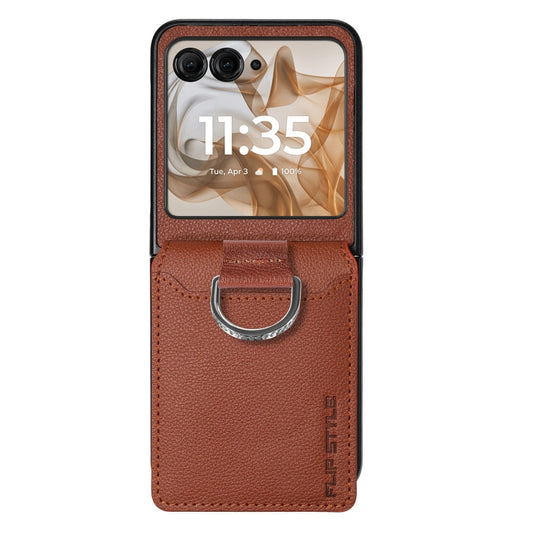 For Motorola Razr 50 Ultra Litchi Texture Leather Ring Wallet Phone Case(Brown) - Motorola Cases by buy2fix | Online Shopping UK | buy2fix