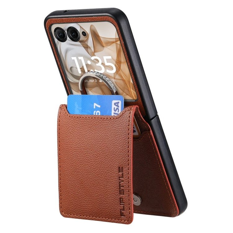 For Motorola Razr 50 Ultra Litchi Texture Leather Ring Wallet Phone Case(Brown) - Motorola Cases by buy2fix | Online Shopping UK | buy2fix