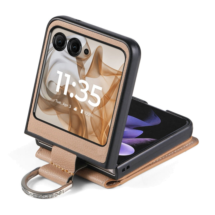 For Motorola Razr 50 Ultra Litchi Texture Leather Ring Wallet Phone Case(Khaki) by buy2fix