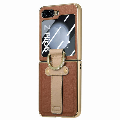 For Samsung Galaxy Z Flip5 5G Brilliant Plating PC Back Screen Integrated Ring Phone Case(Brown) - Galaxy Z Flip5 Cases by buy2fix | Online Shopping UK | buy2fix