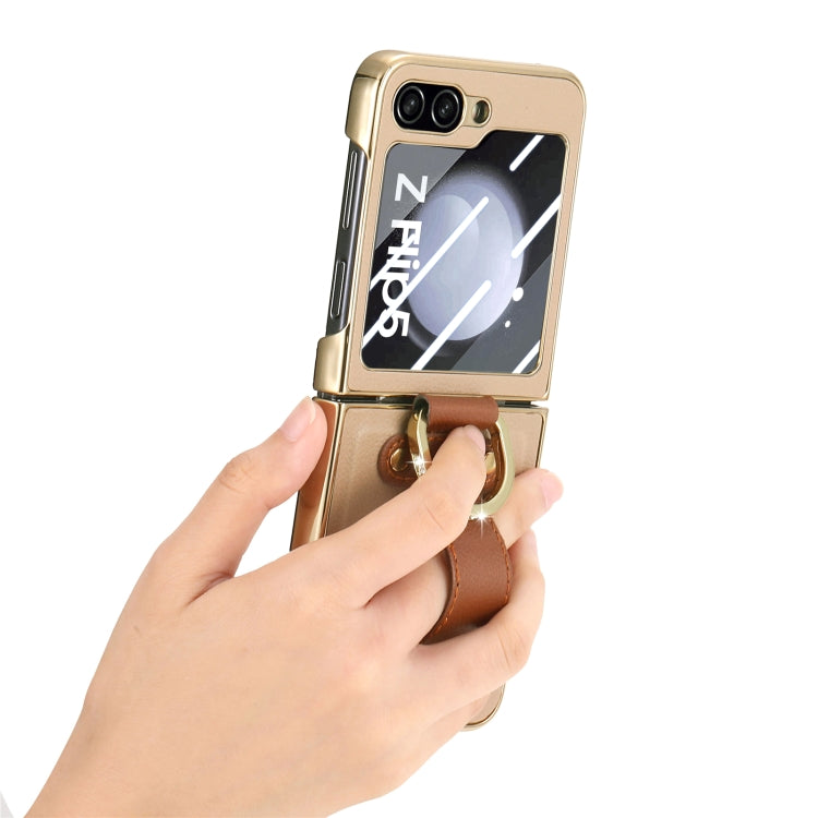 For Samsung Galaxy Z Flip5 5G Brilliant Plating PC Back Screen Integrated Ring Phone Case(Khaki) - Galaxy Z Flip5 Cases by buy2fix | Online Shopping UK | buy2fix