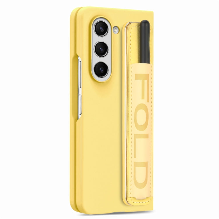 For Samsung   Galaxy Z Fold5 5G Integrated Film Wrist Grip Leather Phone Case with Pen Slot(Yellow) - Galaxy Z Fold5 Cases by buy2fix | Online Shopping UK | buy2fix