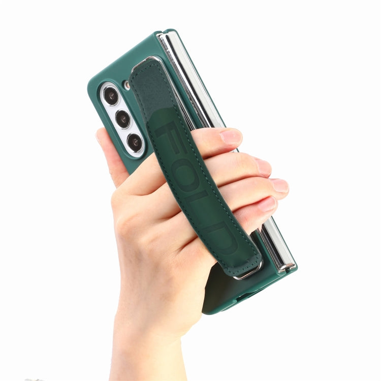 For Samsung   Galaxy Z Fold5 5G Integrated Film Wrist Grip Leather Phone Case with Pen Slot(Dark Green) - Galaxy Z Fold5 Cases by buy2fix | Online Shopping UK | buy2fix