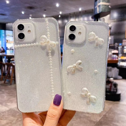 For iPhone 16e Pearl Bow Glitter Epoxy TPU Phone Case(Cross Knots) - iPhone 16e Cases by buy2fix | Online Shopping UK | buy2fix