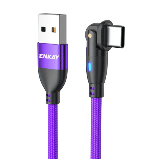 ENKAY 180 Degrees Rotating USB to Type-C 3A Fast Charging Data Cable with LED Light, Length:1m(Purple)