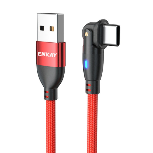 ENKAY 180 Degrees Rotating USB to Type-C 3A Fast Charging Data Cable with LED Light, Length:1m(Red)