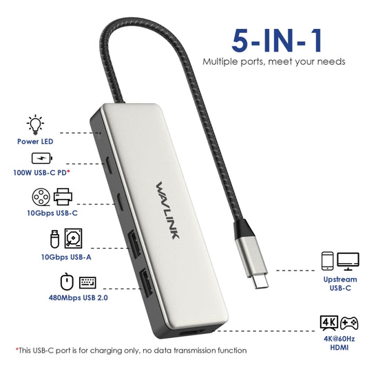 Wavlink UHP3415 85W Power Delivery USB-C/Type-C 10Gbps Hub 5 in 1 Multiport Connection Adapter - USB HUB by WAVLINK | Online Shopping UK | buy2fix