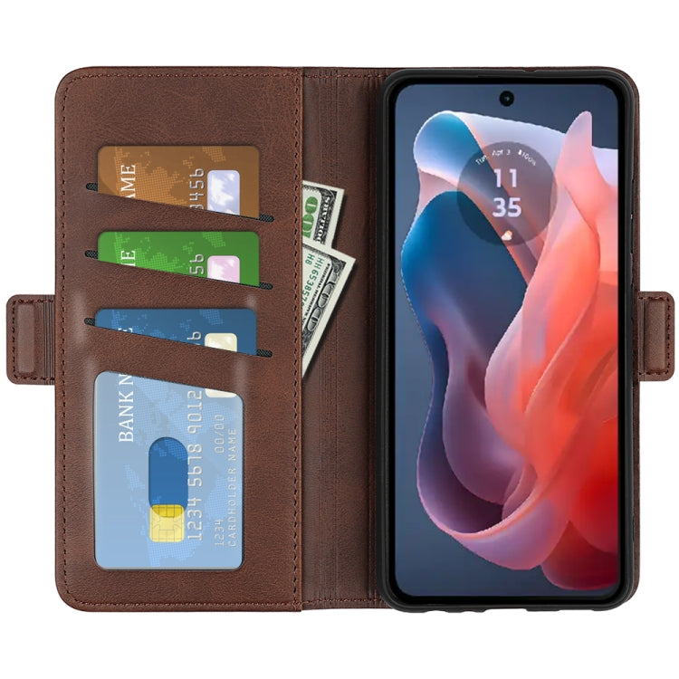 For Motorola Moto G Play 2024 Dual-side Magnetic Buckle Horizontal Flip Leather Phone Case(Brown) by buy2fix