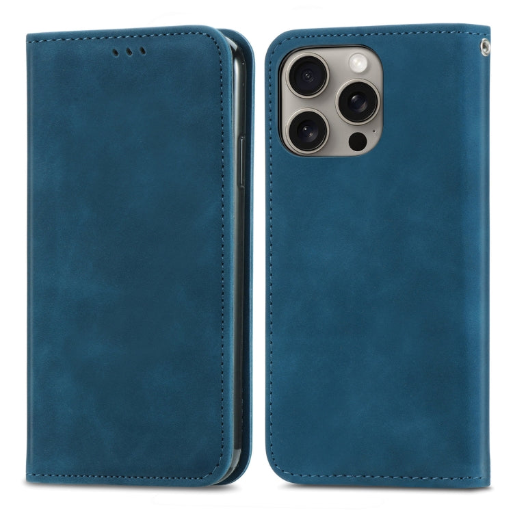 For iPhone 16 Pro Max Retro Skin Feel Magnetic Flip Leather Phone Case(Blue) by buy2fix
