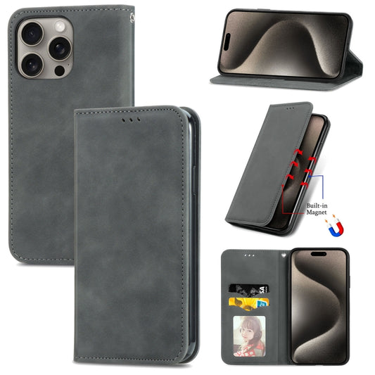 For iPhone 16 Pro Max Retro Skin Feel Magnetic Flip Leather Phone Case(Gray) by buy2fix