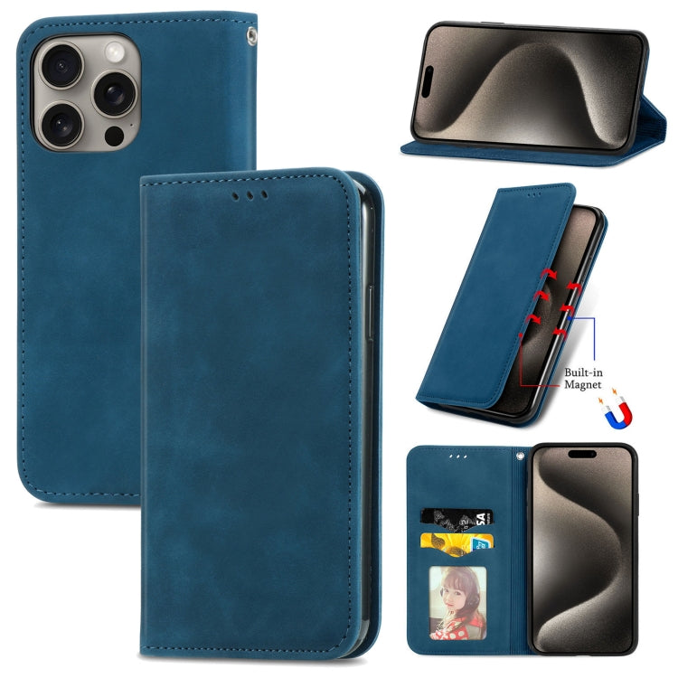 For iPhone 16 Pro Retro Skin Feel Magnetic Flip Leather Phone Case(Blue) by buy2fix
