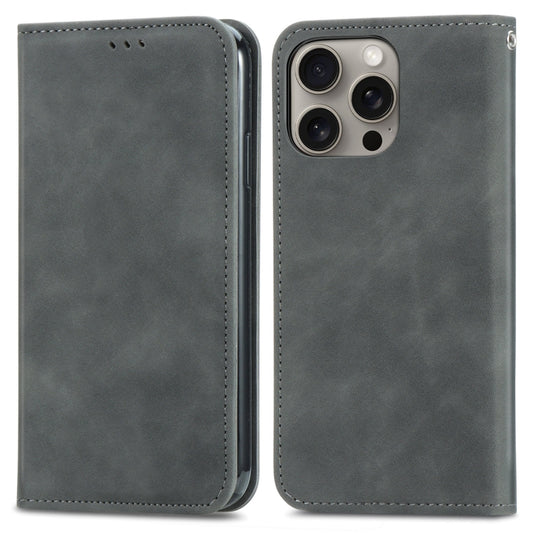 For iPhone 16 Pro Retro Skin Feel Magnetic Flip Leather Phone Case(Gray) by buy2fix