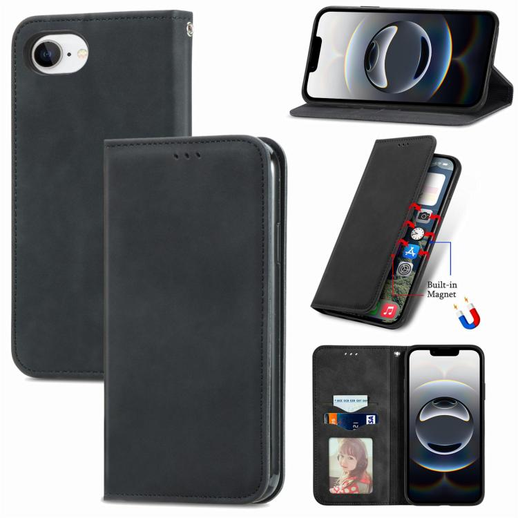 For iPhone 16e Retro Skin Feel Magnetic Flip Leather Phone Case(Black) - iPhone 16e Cases by buy2fix | Online Shopping UK | buy2fix