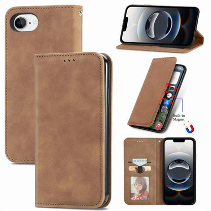 For iPhone 16e Retro Skin Feel Magnetic Flip Leather Phone Case(Brown) - iPhone 16e Cases by buy2fix | Online Shopping UK | buy2fix