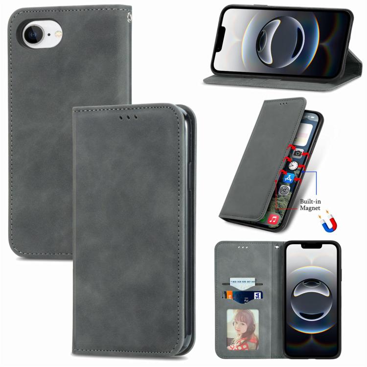 For iPhone 16e Retro Skin Feel Magnetic Flip Leather Phone Case(Gray) - iPhone 16e Cases by buy2fix | Online Shopping UK | buy2fix
