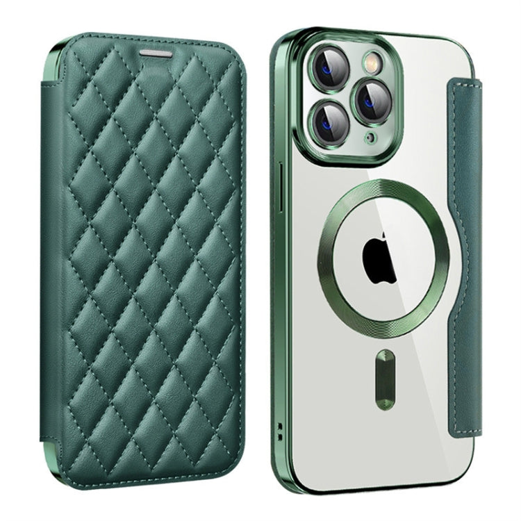 For iPhone 11 Pro Max Shield Magsafe RFID Anti-theft Rhombus Leather Phone Case(Green) by buy2fix