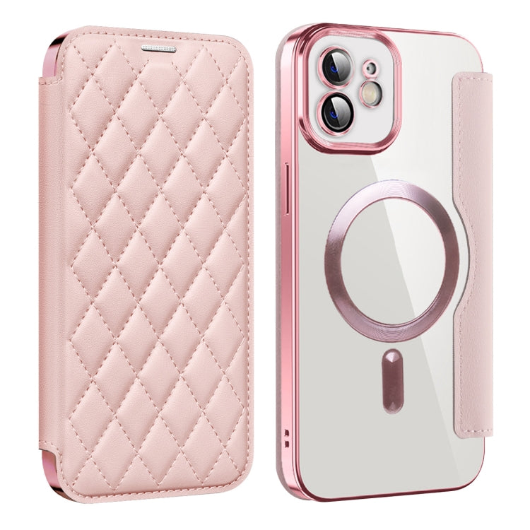 For iPhone 12 Pro Shield Magsafe RFID Anti-theft Rhombus Leather Phone Case(Pink) by buy2fix