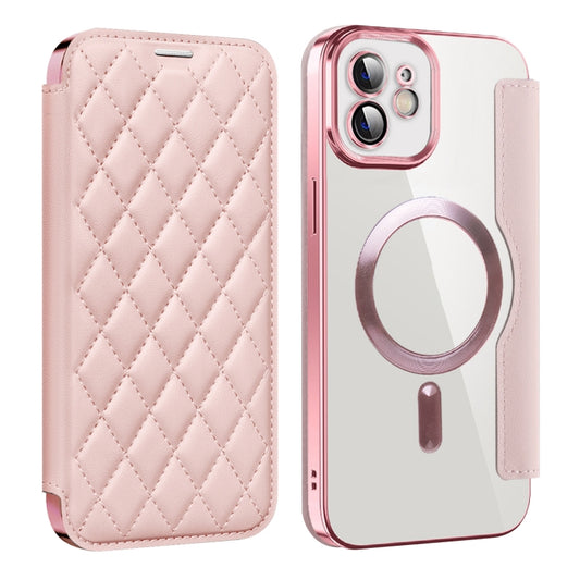 For iPhone 12 Pro Shield Magsafe RFID Anti-theft Rhombus Leather Phone Case(Pink) by buy2fix