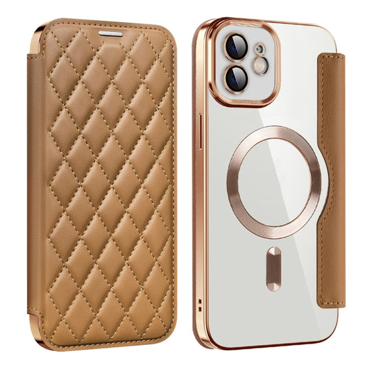 For iPhone 12 Pro Shield Magsafe RFID Anti-theft Rhombus Leather Phone Case(Brown) by buy2fix