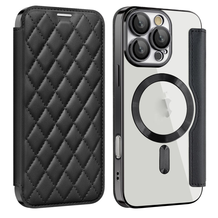 For iPhone 16 Pro Shield Magsafe RFID Anti-theft Rhombus Leather Phone Case(Black) by buy2fix