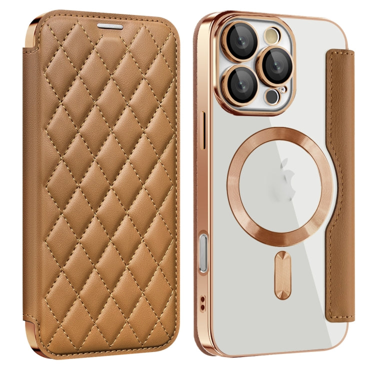 For iPhone 16 Pro Shield Magsafe RFID Anti-theft Rhombus Leather Phone Case(Brown) by buy2fix