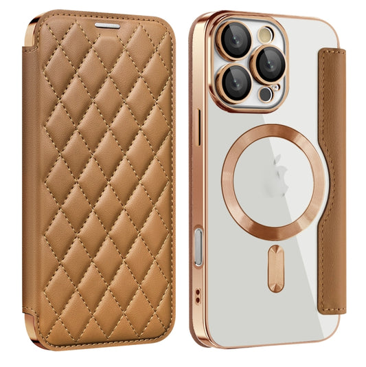 For iPhone 16 Pro Shield Magsafe RFID Anti-theft Rhombus Leather Phone Case(Brown) by buy2fix