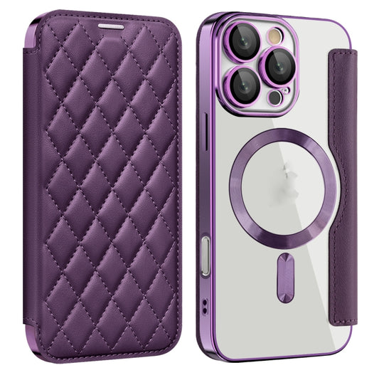 For iPhone 16 Pro Max Shield Magsafe RFID Anti-theft Rhombus Leather Phone Case(Purple) by buy2fix