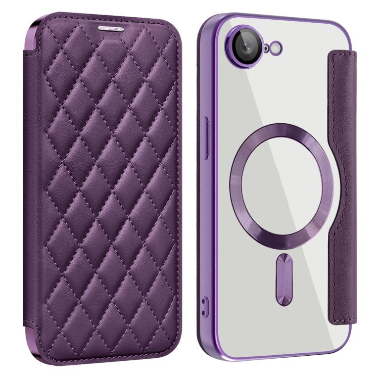 For iPhone 16e Shield Magsafe RFID Anti-theft Rhombus Leather Phone Case(Purple) - iPhone 16e Cases by buy2fix | Online Shopping UK | buy2fix