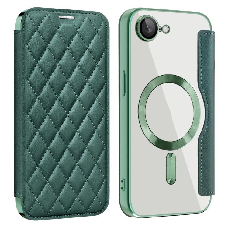 For iPhone 16e Shield Magsafe RFID Anti-theft Rhombus Leather Phone Case(Green) - iPhone 16e Cases by buy2fix | Online Shopping UK | buy2fix