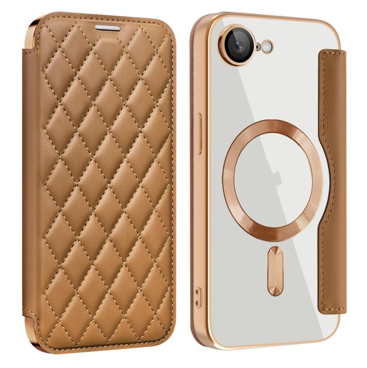 For iPhone 16e Shield Magsafe RFID Anti-theft Rhombus Leather Phone Case(Brown) - iPhone 16e Cases by buy2fix | Online Shopping UK | buy2fix