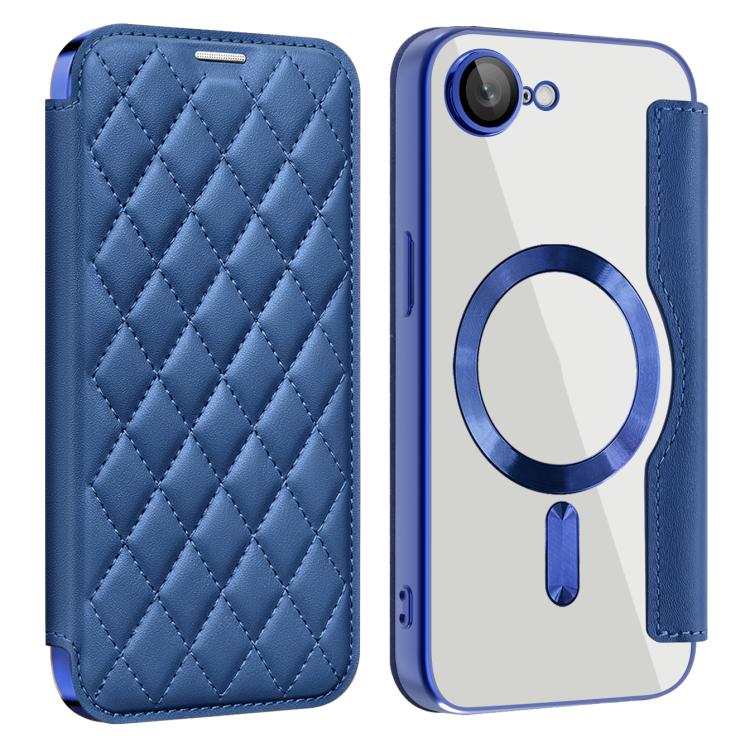 For iPhone 16e Shield Magsafe RFID Anti-theft Rhombus Leather Phone Case(Dark Blue) - iPhone 16e Cases by buy2fix | Online Shopping UK | buy2fix