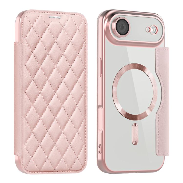 For iPhone Air Shield Magsafe RFID Anti-theft Rhombus Leather Phone Case(Pink) - iPhone Air Cases by buy2fix | Online Shopping UK | buy2fix